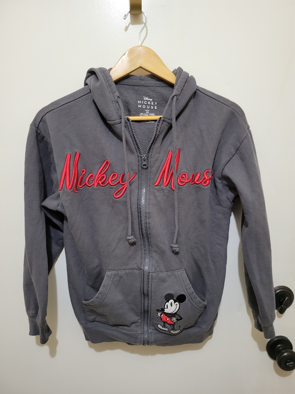Disney Womens Gray Hoodie with Red Mickey Mouse Script - XS